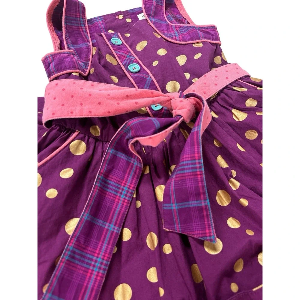 Matilda Jane Plum Gold Polka Dot Plaid Belted Dress With Tulle & Pockets Girls 6